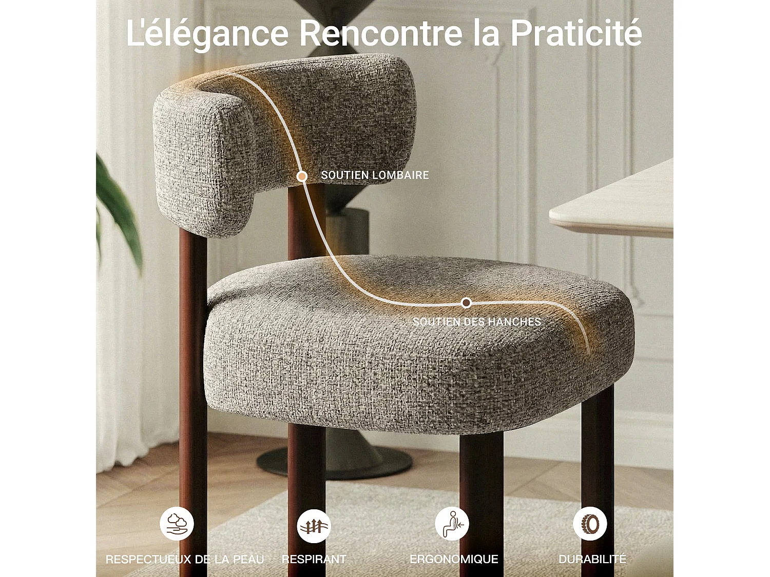 Lot de 4 chaises de salle à manger en bois massif marron, tissu bouclé, dossier incurvé