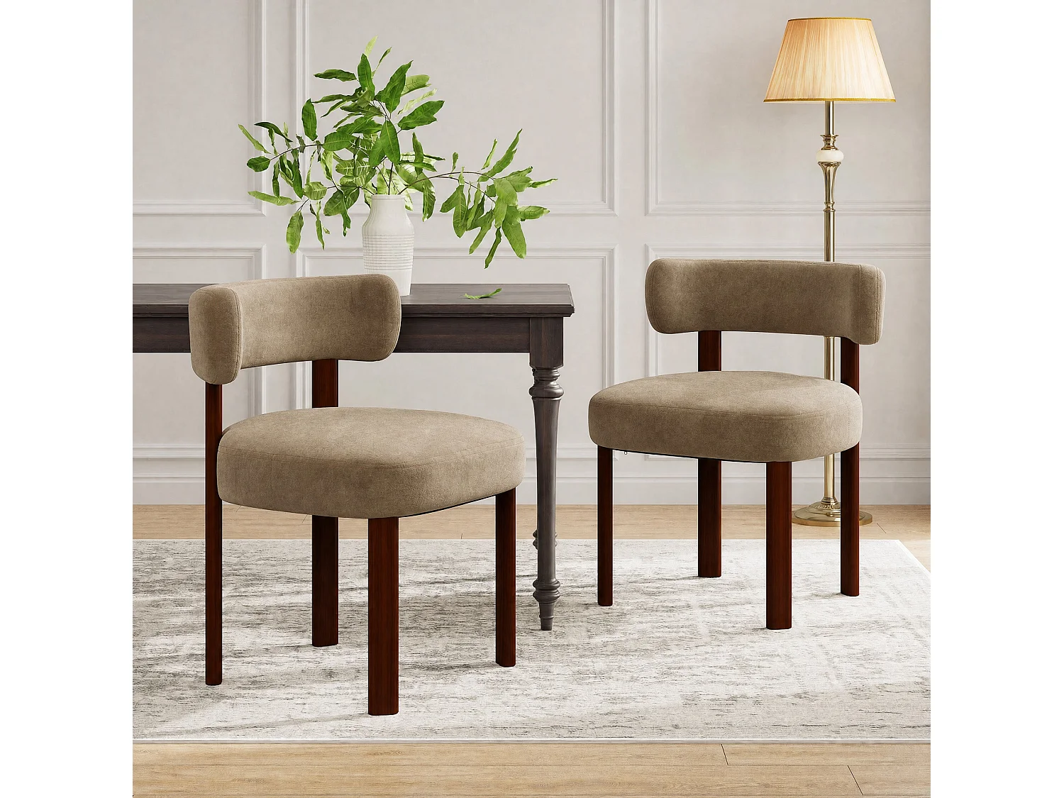 Lot de 4 chaises de salle à manger en bois massif marron SMARTUE, tissu velours, dossier incurvé