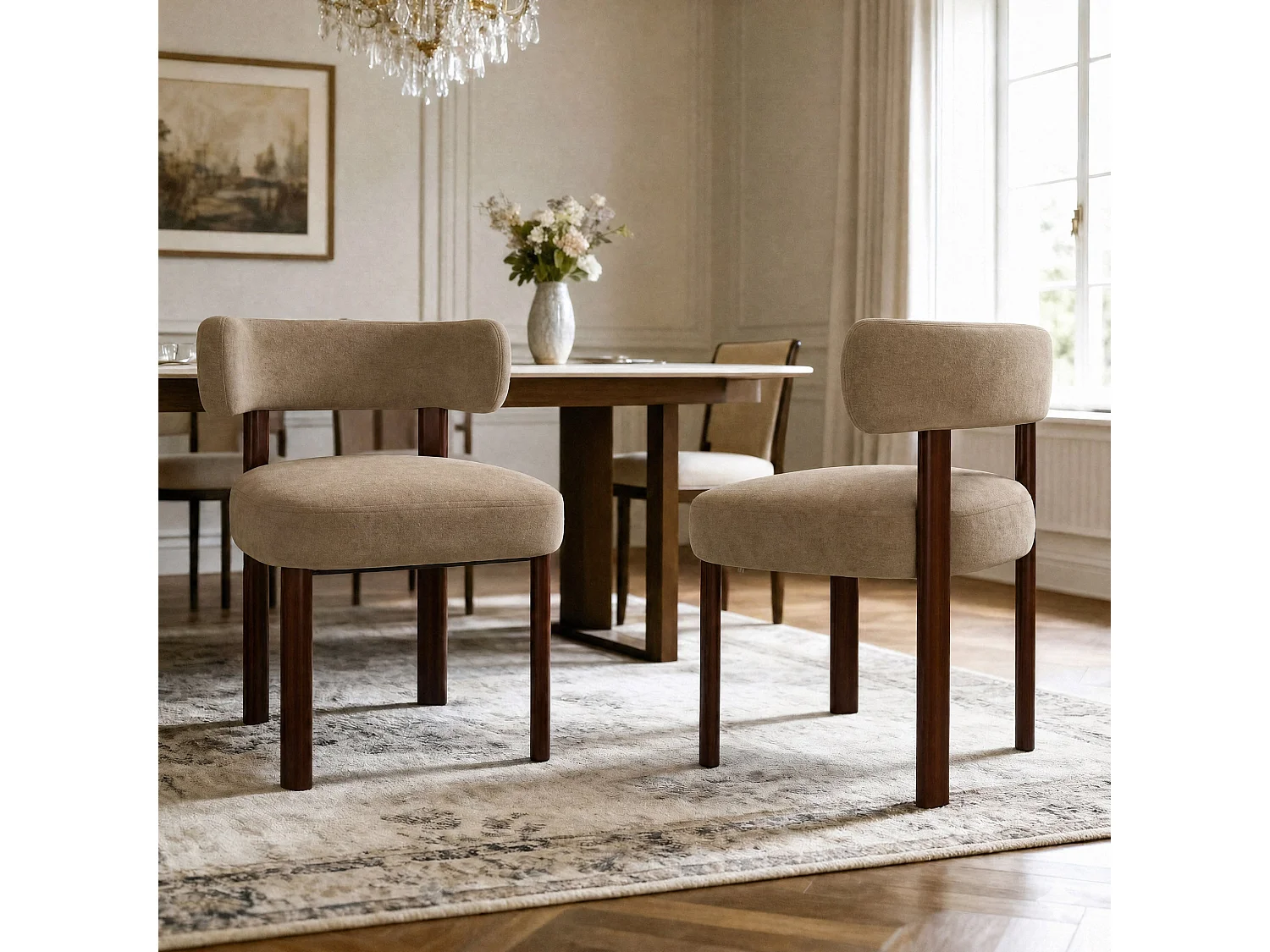 Lot de 4 chaises de salle à manger en bois massif marron SMARTUE, tissu velours, dossier incurvé