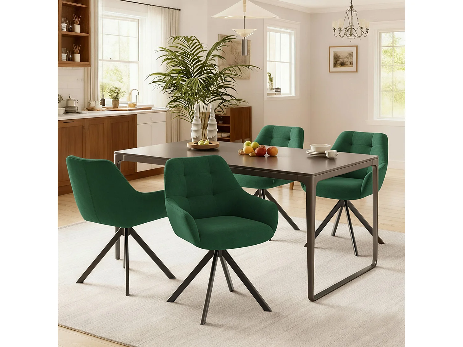 Lot de 2 chaises de salle à manger pivotantes 360° | Demi-accoudoirs, base métallique, vert