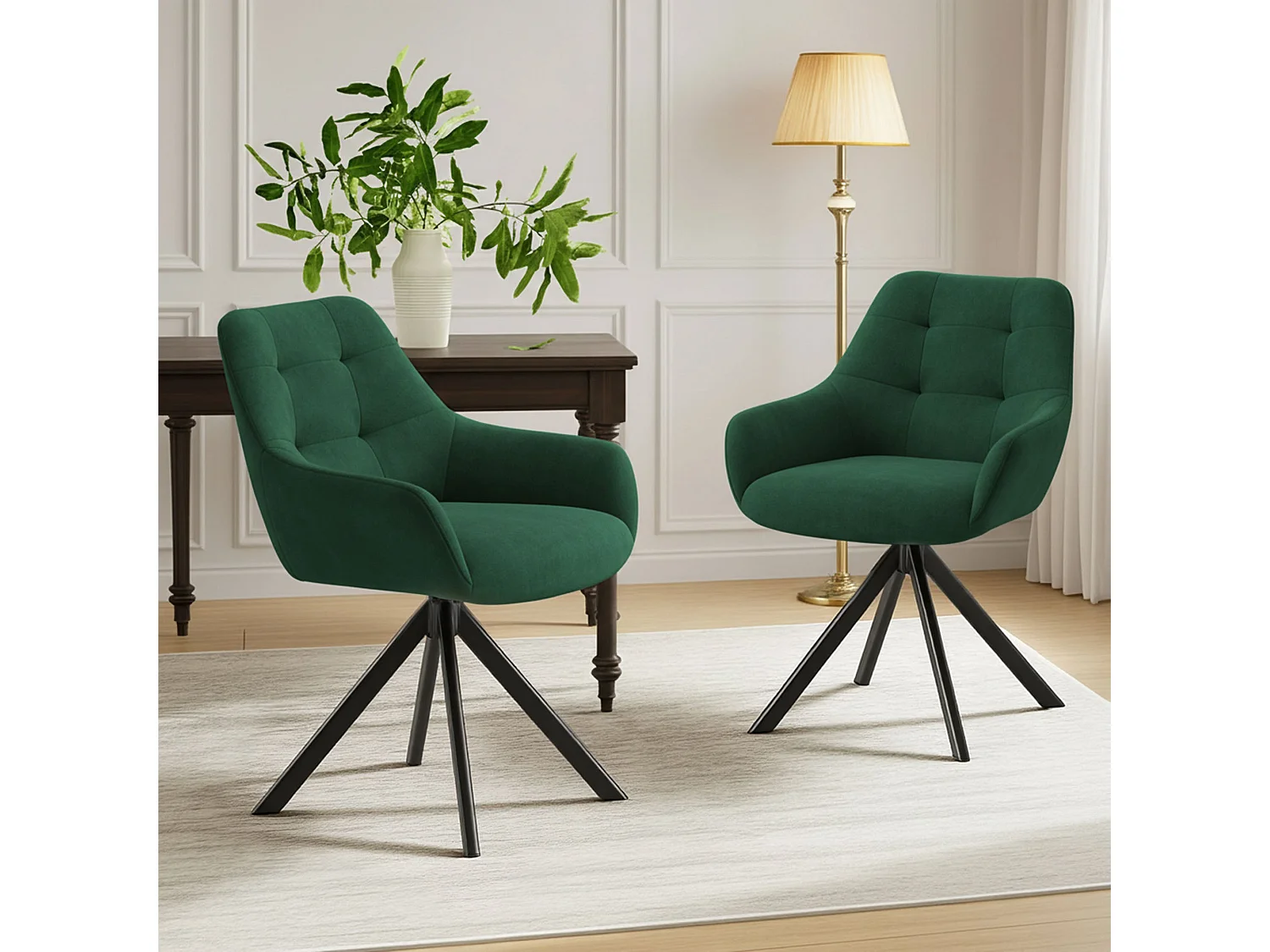 Lot de 2 chaises de salle à manger pivotantes 360° | Demi-accoudoirs, base métallique, vert