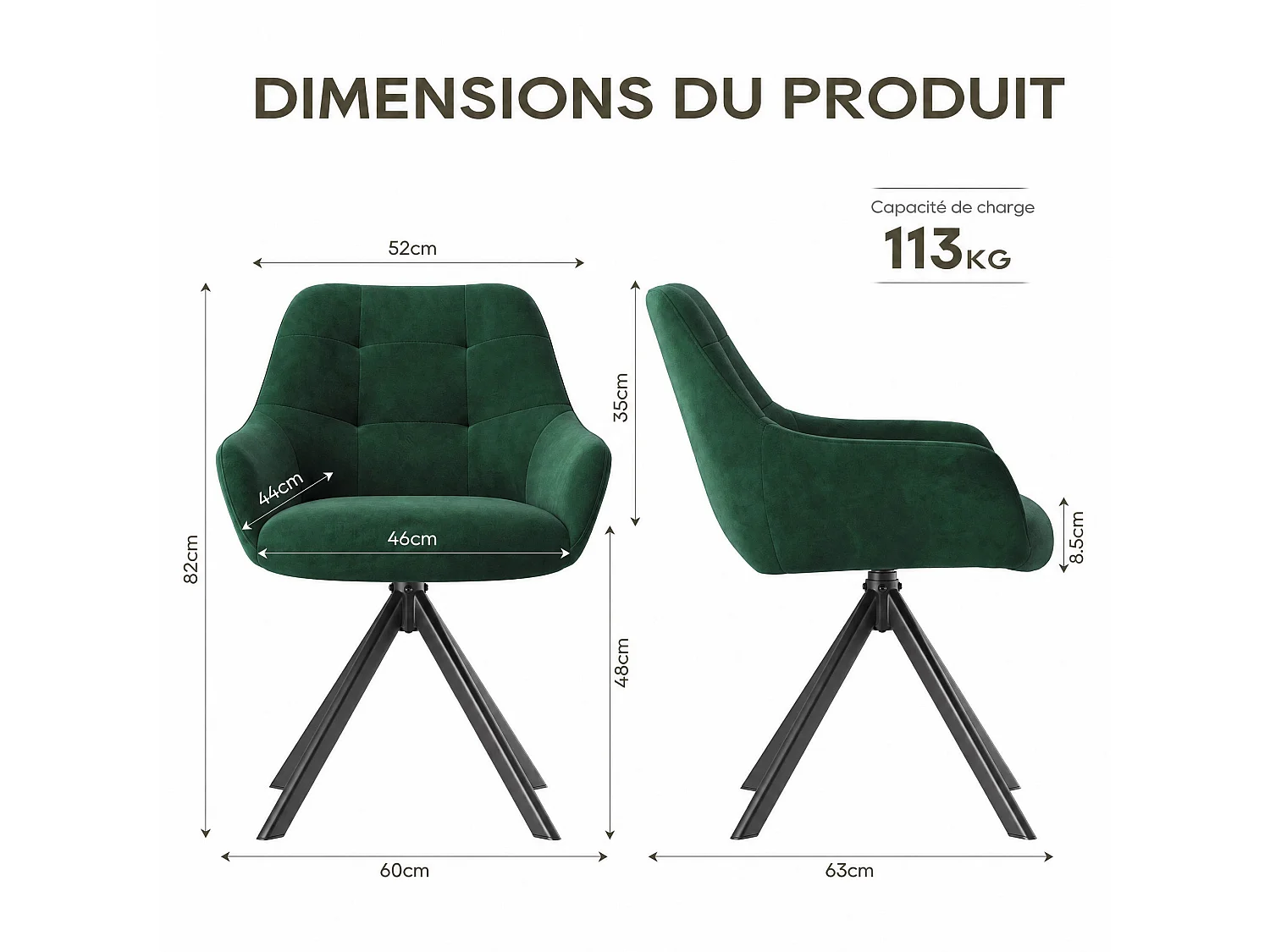 Lot de 2 chaises de salle à manger pivotantes 360° | Demi-accoudoirs, base métallique, vert