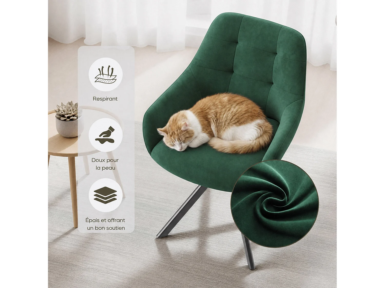 Lot de 2 chaises de salle à manger pivotantes 360° | Demi-accoudoirs, base métallique, vert