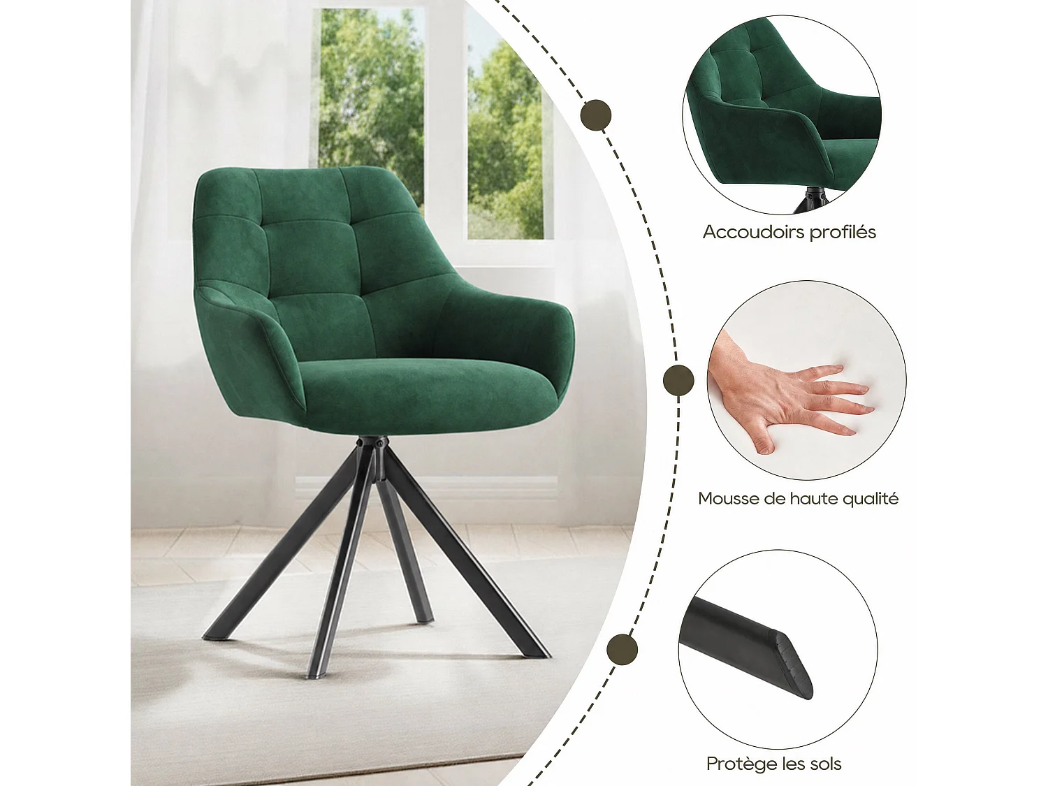 Lot de 2 chaises de salle à manger pivotantes 360° | Demi-accoudoirs, base métallique, vert