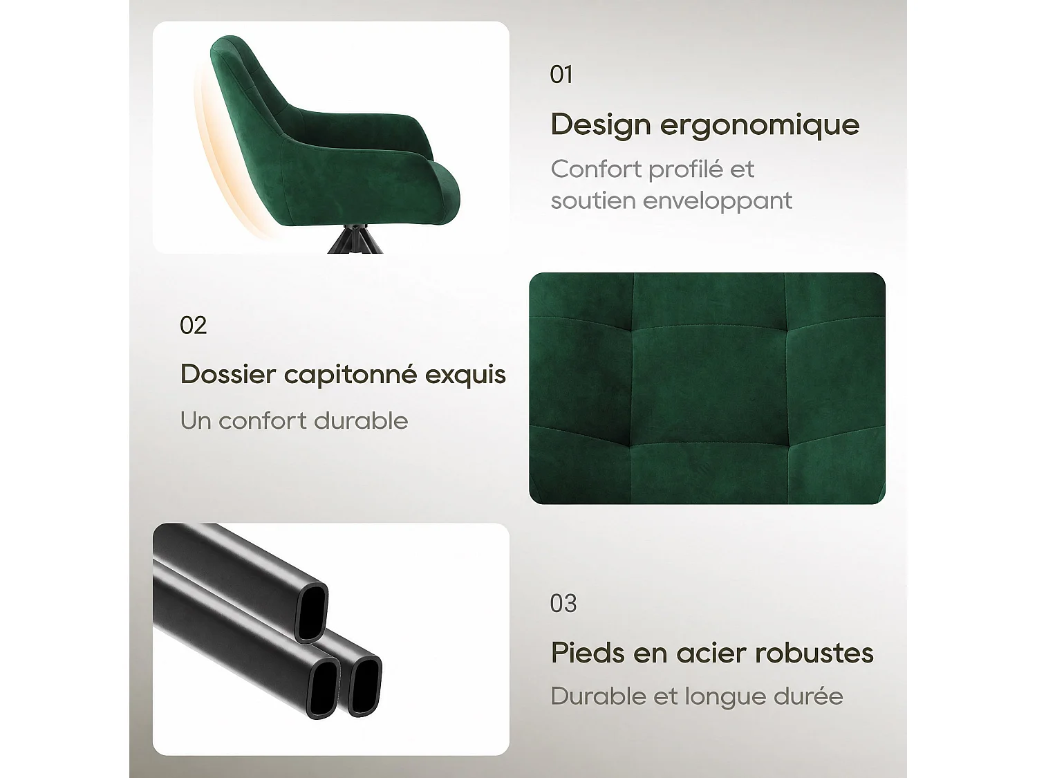 Lot de 2 chaises de salle à manger pivotantes 360° | Demi-accoudoirs, base métallique, vert
