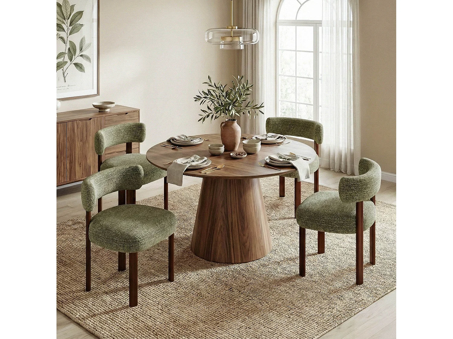 Lot de 4 chaises de salle à manger en bois massif vert, tissu bouclé, dossier incurvé