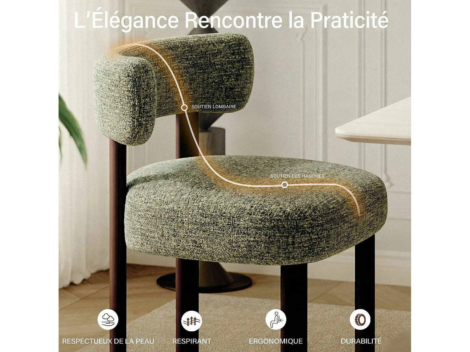 Lot de 4 chaises de salle à manger en bois massif vert, tissu bouclé, dossier incurvé