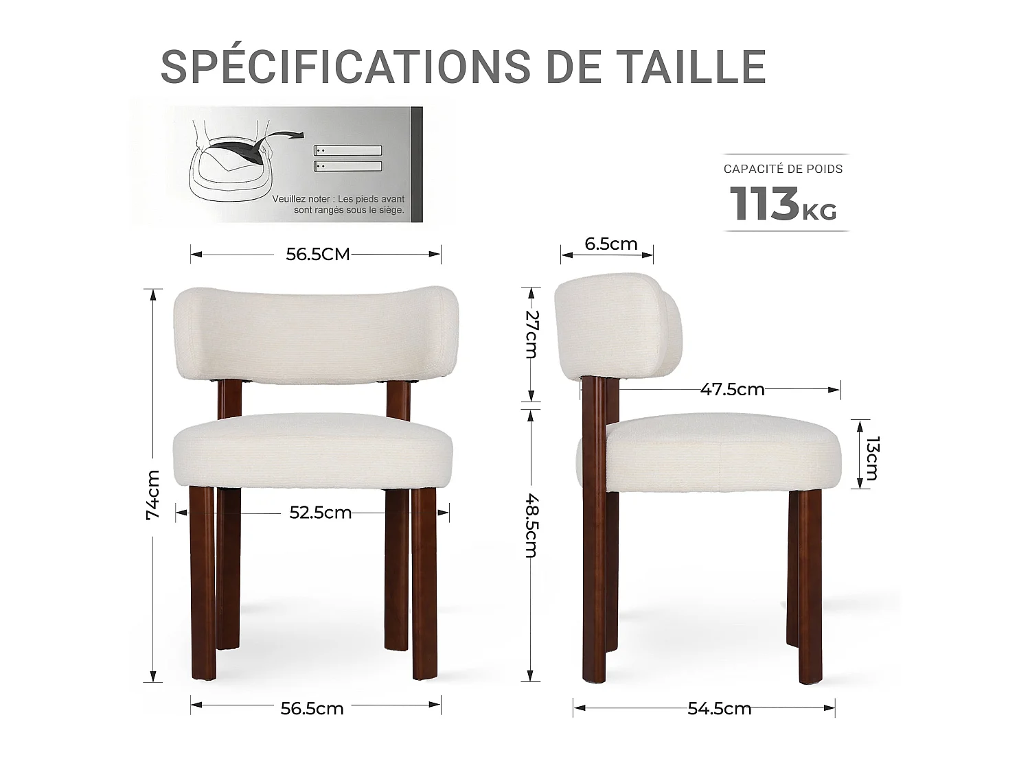 Lot de 4 chaises de salle à manger en bois massif beige SMARTUE, tissu bouclé, dossier incurvé