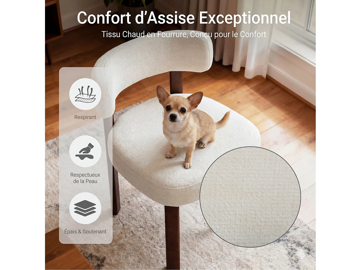 Lot de 4 chaises de salle à manger en bois massif beige SMARTUE, tissu bouclé, dossier incurvé