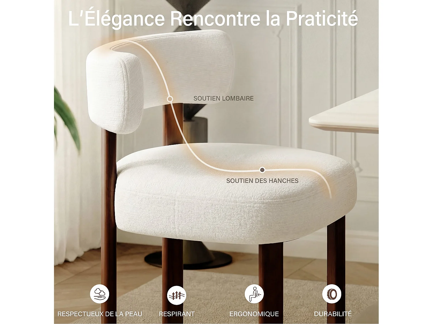 Lot de 4 chaises de salle à manger en bois massif beige SMARTUE, tissu bouclé, dossier incurvé