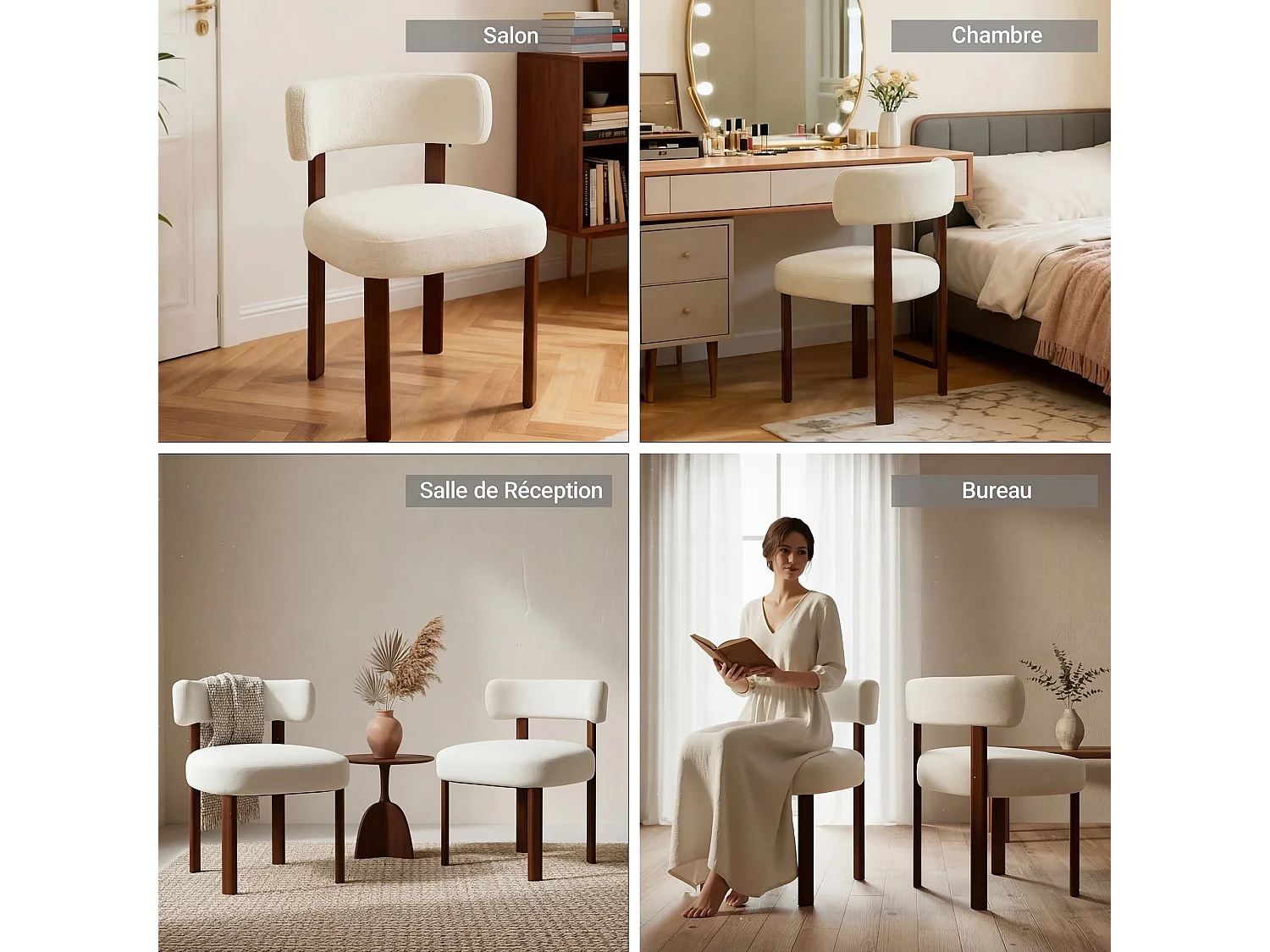 Lot de 4 chaises de salle à manger en bois massif beige SMARTUE, tissu bouclé, dossier incurvé