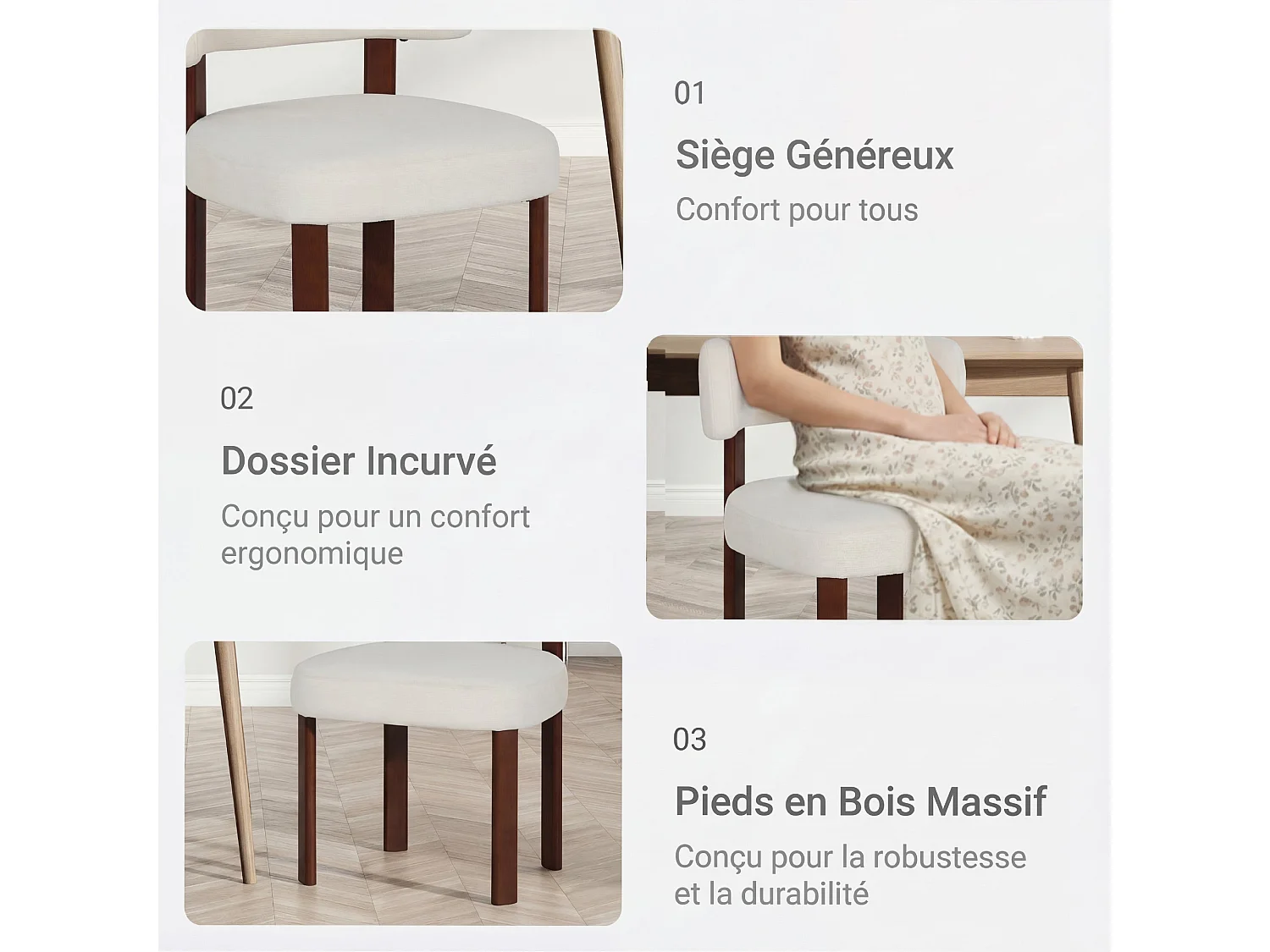 Lot de 4 chaises de salle à manger en bois massif beige SMARTUE, tissu bouclé, dossier incurvé