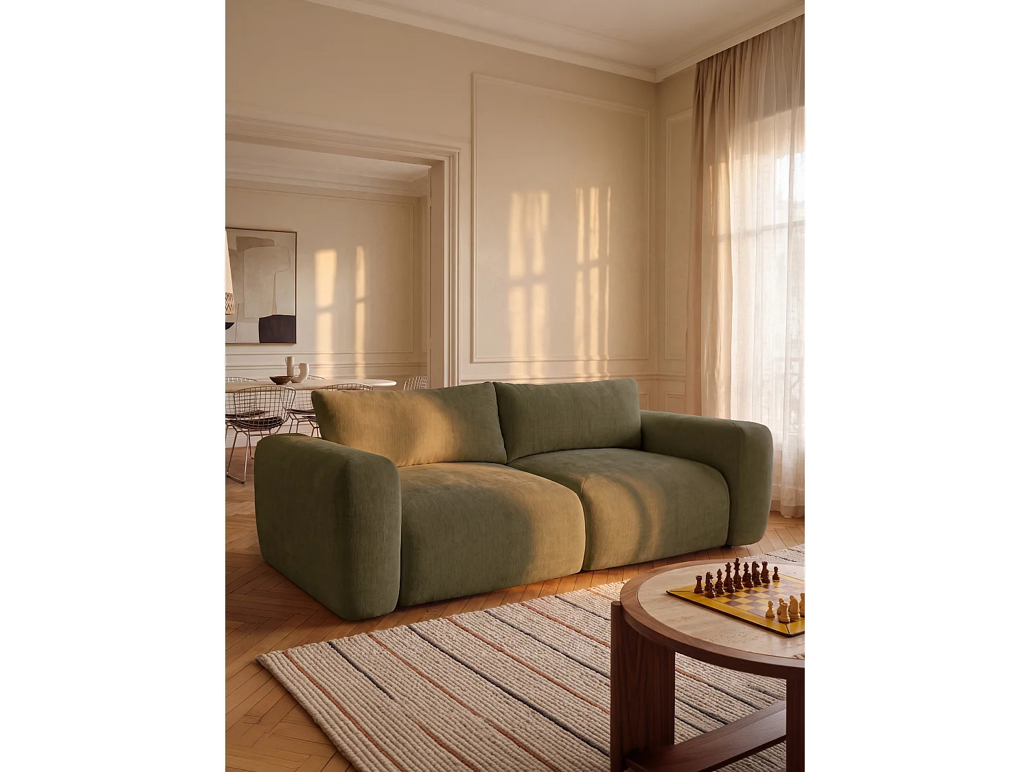 Canapé 3 places en tissu vert kaki POLIRIA