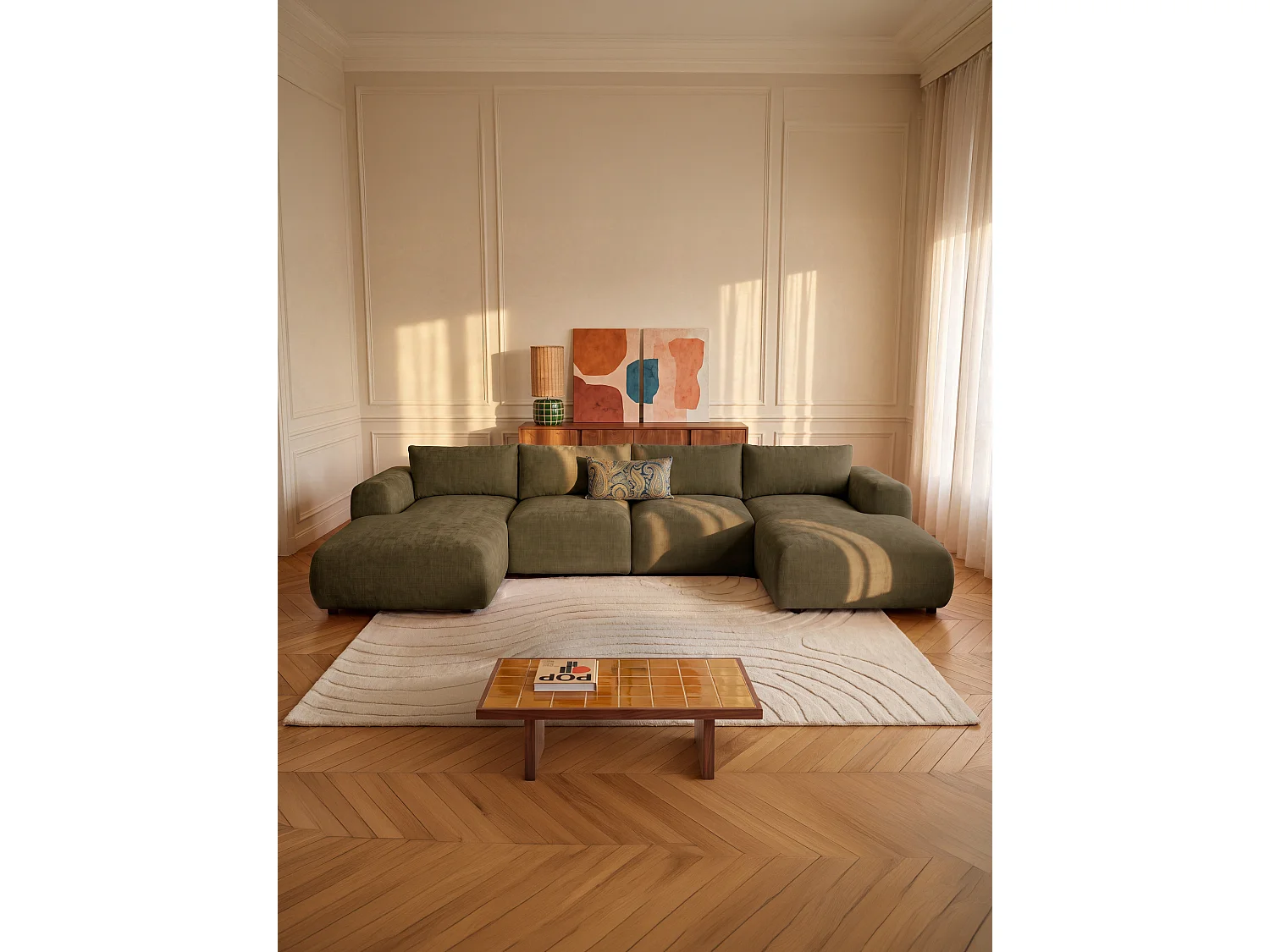 Canapé d'angle panoramique en tissu vert kaki POLIRIA