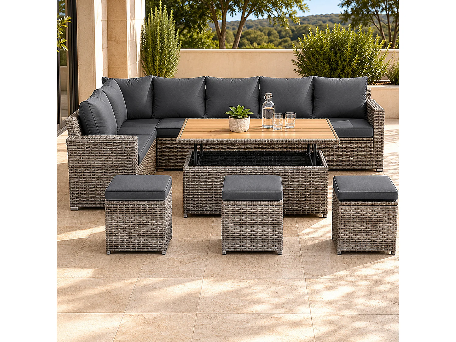 Modulaire 9-zits Resin Wicker Tuinset met Lift-Up Houten Tafel SAHARA