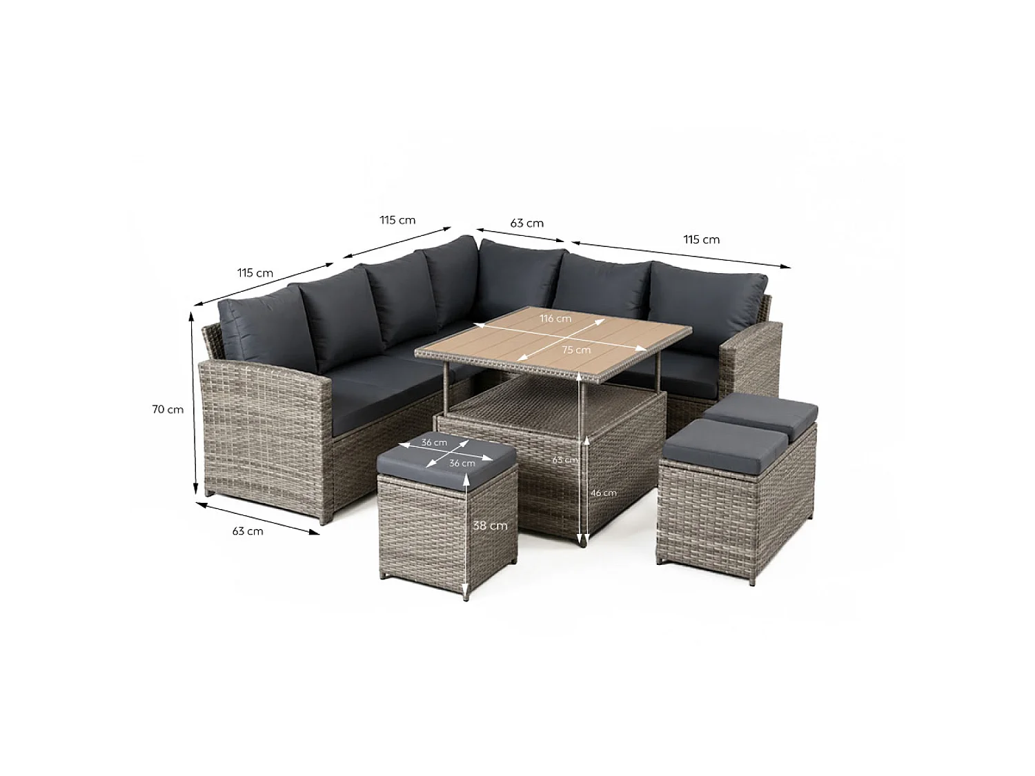 Modulaire 9-zits Resin Wicker Tuinset met Lift-Up Houten Tafel SAHARA