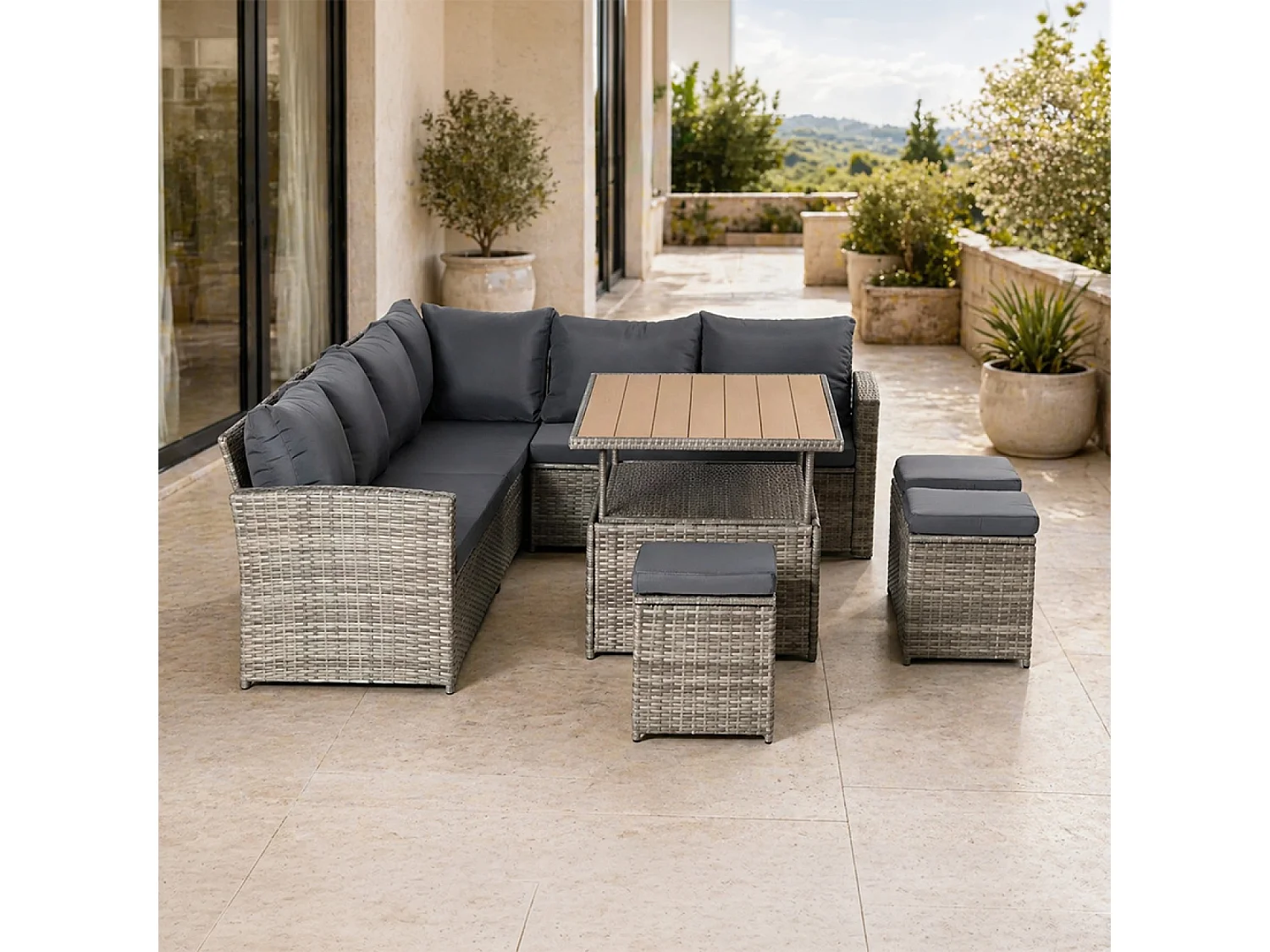 Modulaire 9-zits Resin Wicker Tuinset met Lift-Up Houten Tafel SAHARA