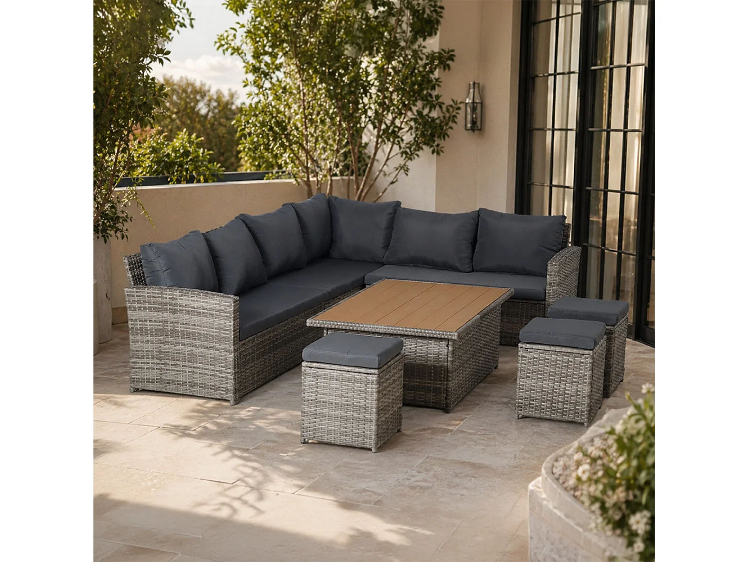 Modulaire 9-zits Resin Wicker Tuinset met Lift-Up Houten Tafel SAHARA
