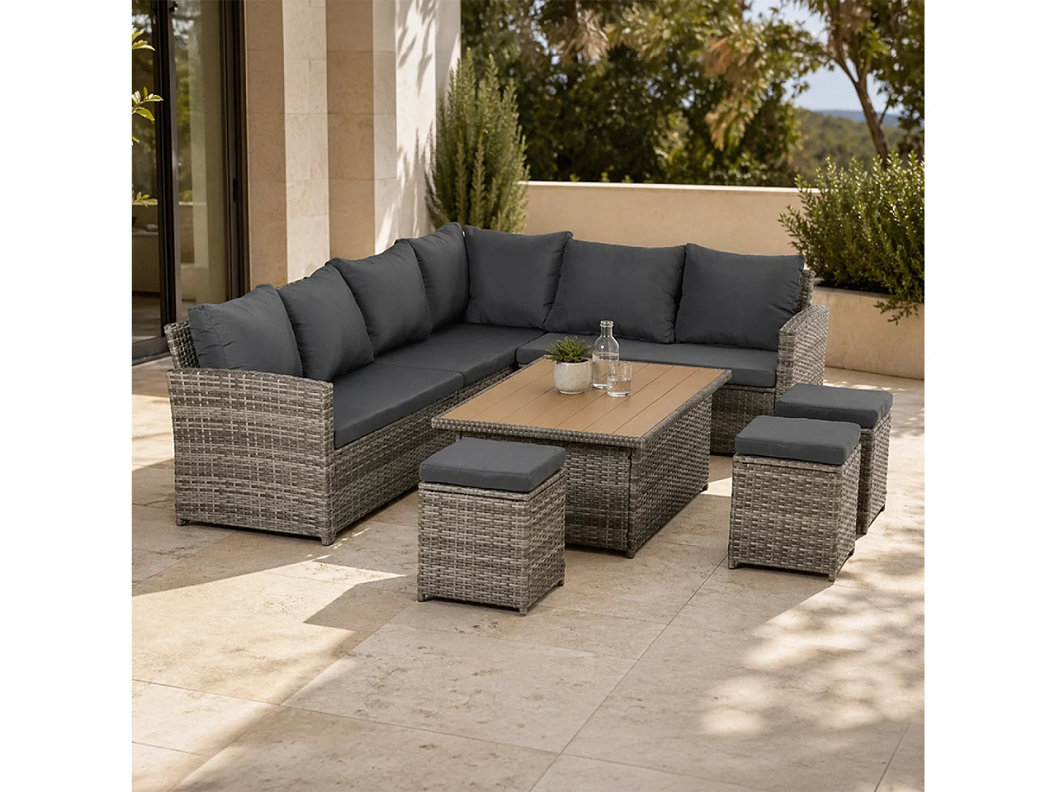 Modulaire 9-zits Resin Wicker Tuinset met Lift-Up Houten Tafel SAHARA