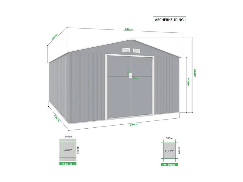 Abri de jardin en métal 15,16 m² - Kit d'ancrage inclus - Gris anthracite