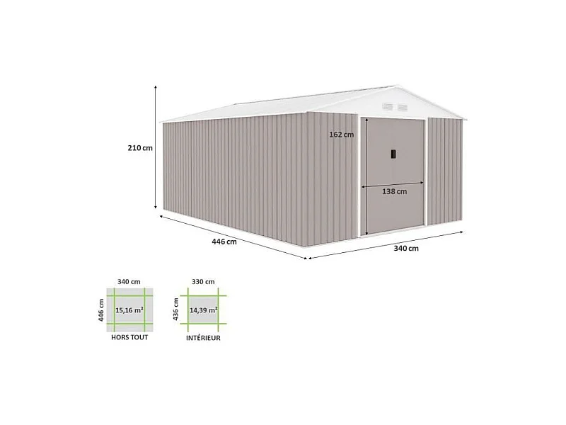 Abri de jardin en métal 15,16 m² - Kit d'ancrage inclus - Taupe