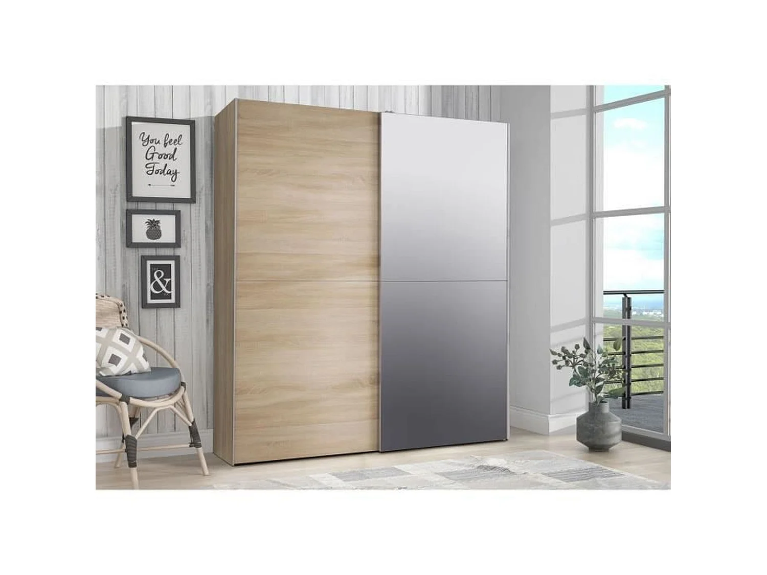 Armario 2 puertas correderas con espejo - roble sonoma - 170,3 x 61,2 x 190,5 cm - ULOS