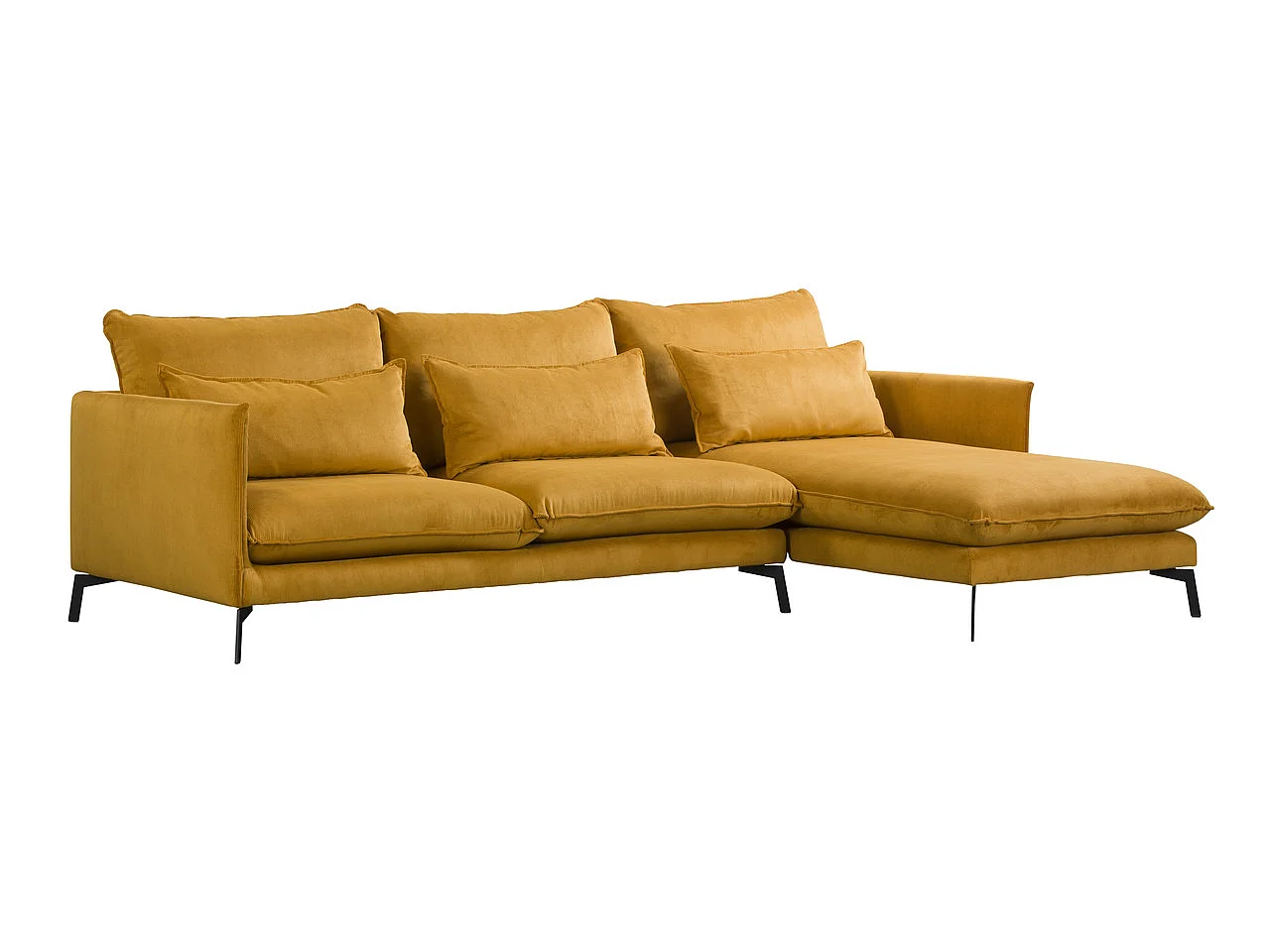 Canapé d'angle droit Luna, 3 places plus méridienne + deux coussins décoratifs, jaune