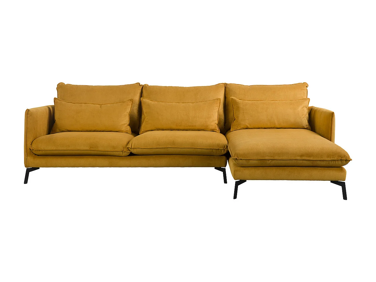 Canapé d'angle droit Luna, 3 places plus méridienne + deux coussins décoratifs, jaune
