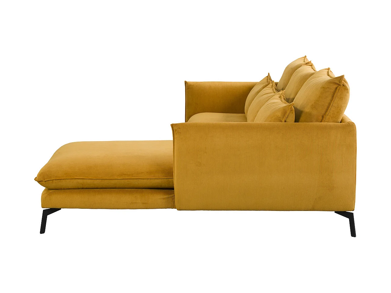Canapé d'angle droit Luna, 3 places plus méridienne + deux coussins décoratifs, jaune
