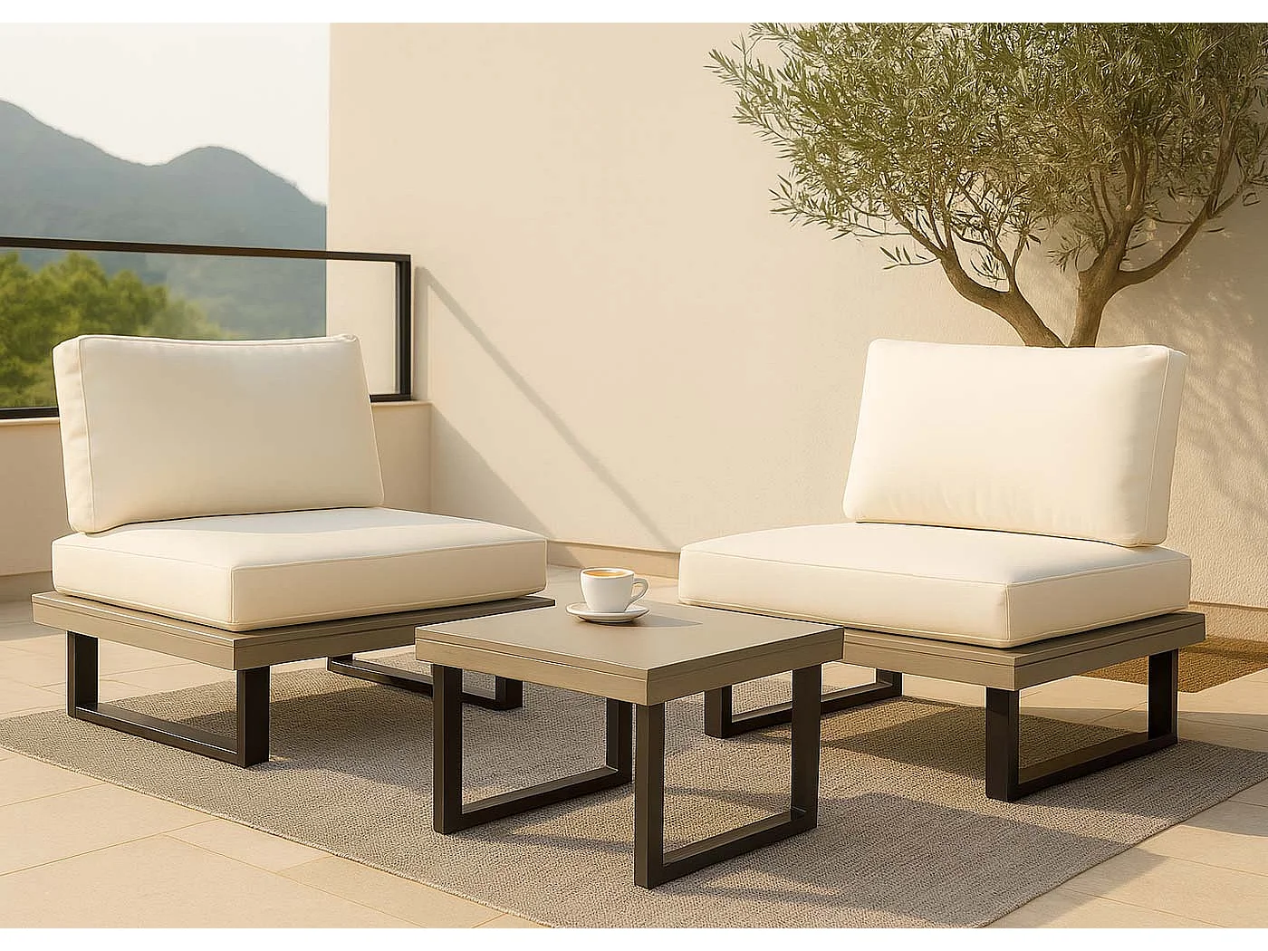 Fauteuils lounge MCW-H54 (lot de 2),  gris, rembourrage blanc crème