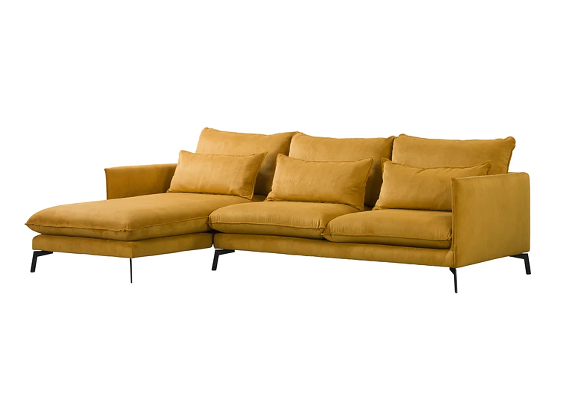 Canapé d'angle gauche Luna, 3 places plus méridienne + deux coussins décoratifs, jaune