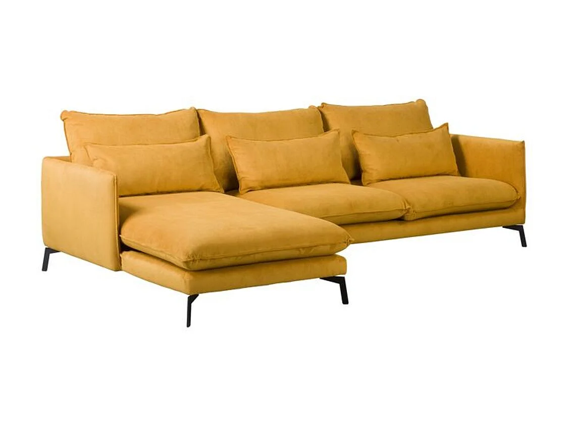 Canapé d'angle gauche Luna, 3 places plus méridienne + deux coussins décoratifs, jaune