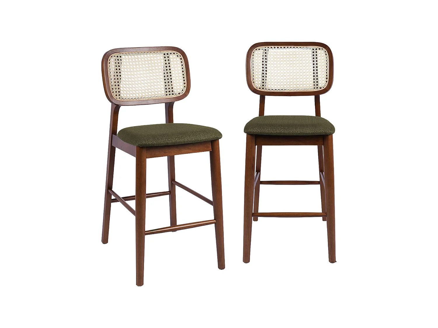 Taburete de bar de madera de hevea con rejilla y tela, set de 2 nogal