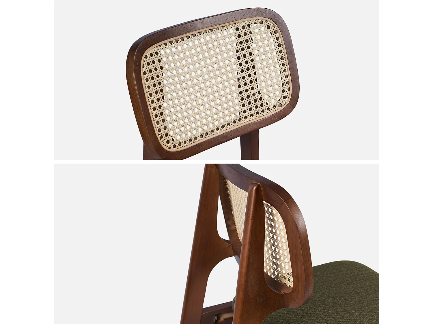 Taburete de bar de madera de hevea con rejilla y tela, set de 2 nogal
