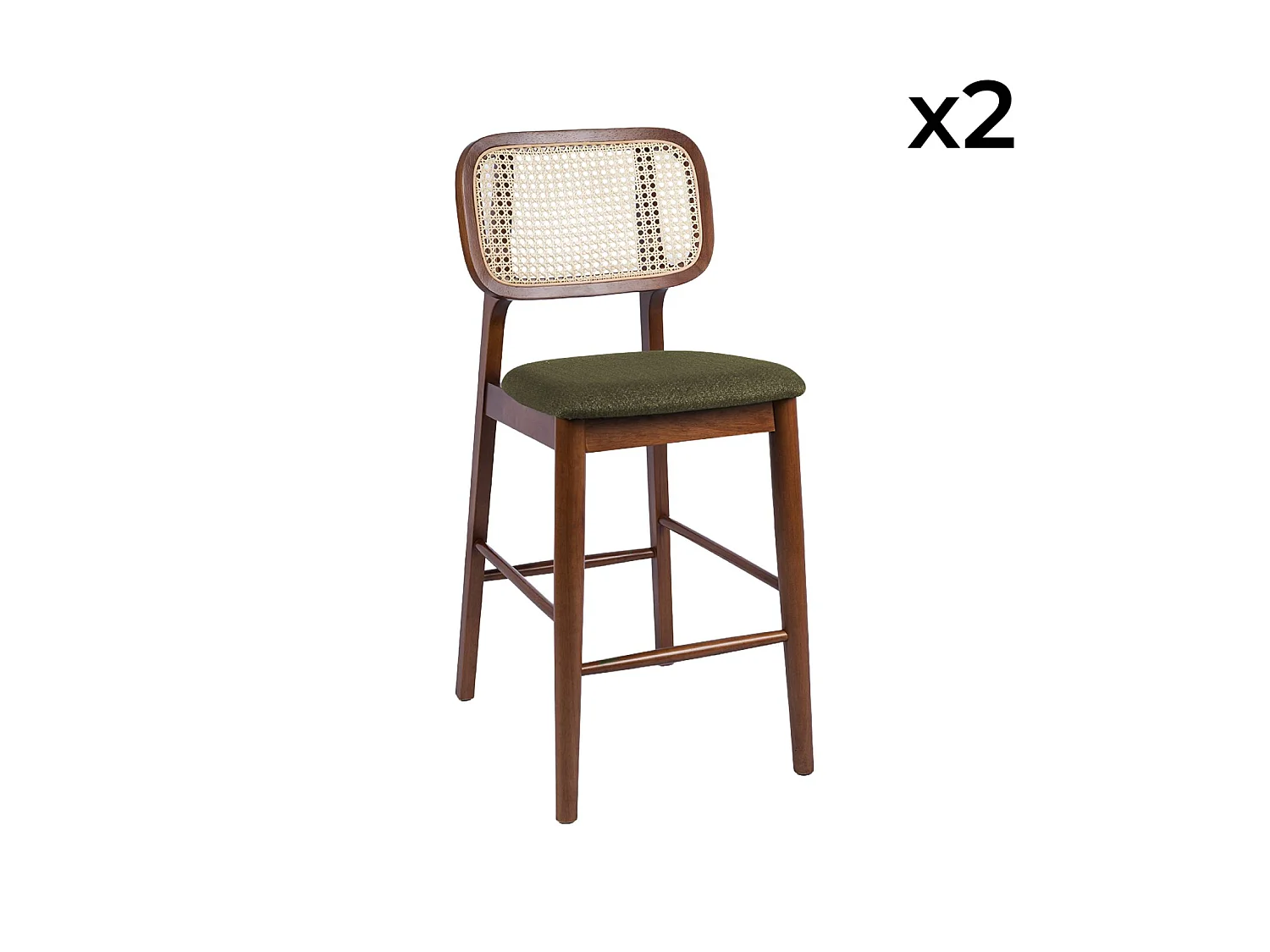 Taburete de bar de madera de hevea con rejilla y tela, set de 2 nogal
