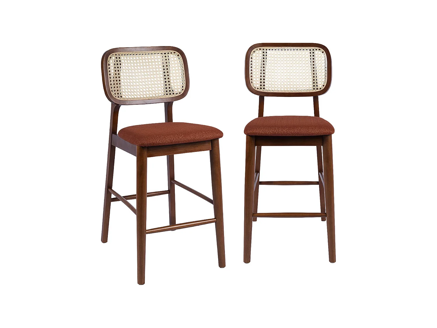 Taburete de bar de madera de hevea con rejilla y tela, set de 2 nogal