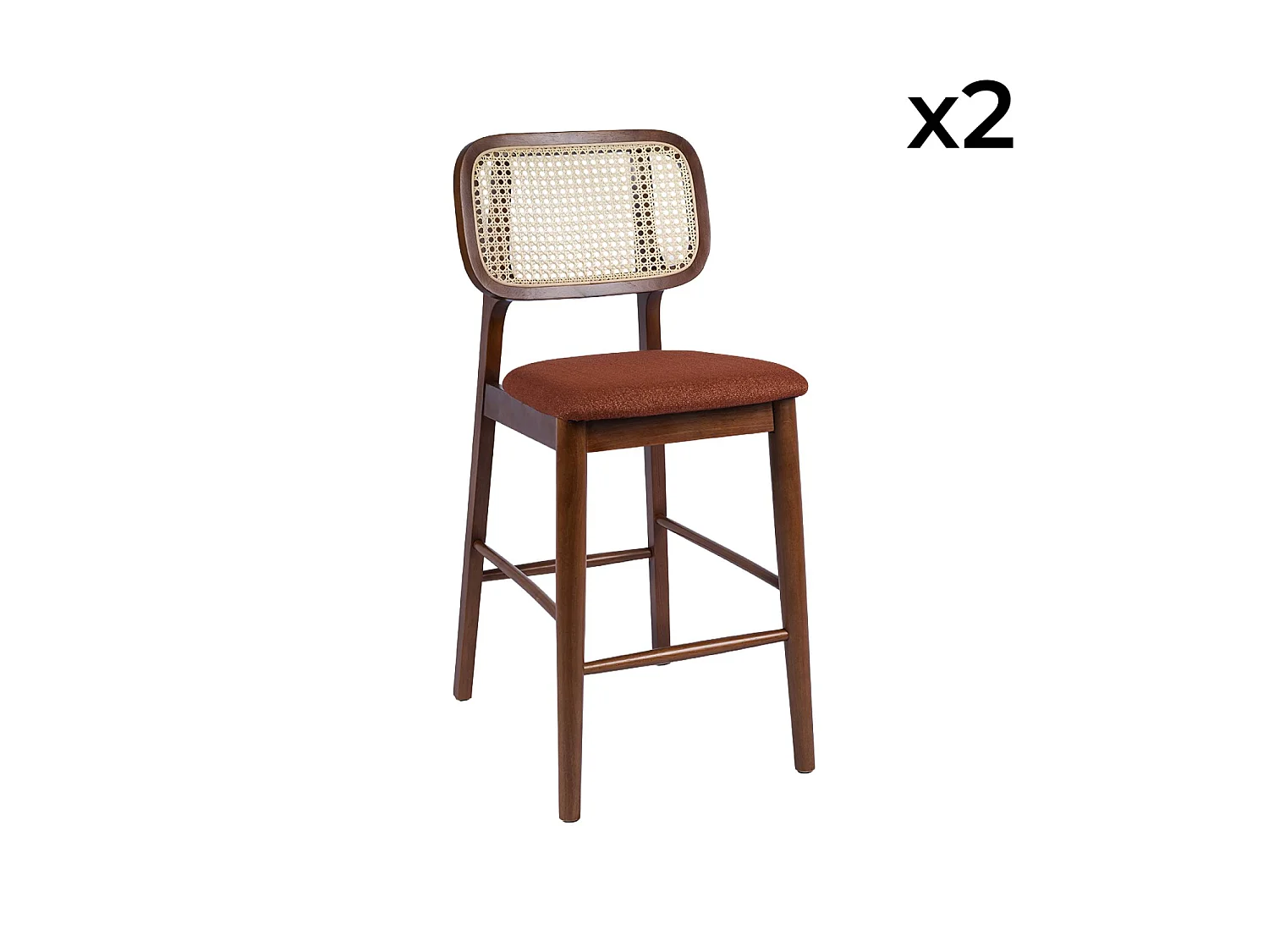 Taburete de bar de madera de hevea con rejilla y tela, set de 2 nogal