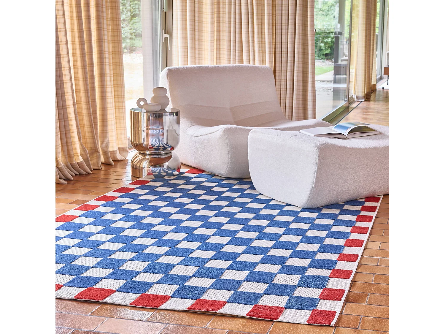 Tapis intérieur/extérieur damier bleu et rouge 80x150cm - Octave