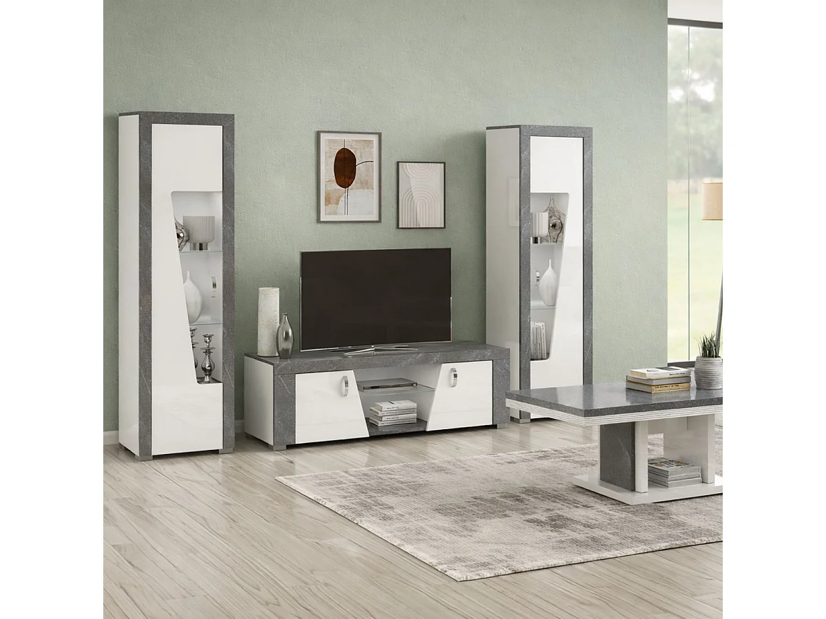 Ensemble salon complet table basse + meuble TV + 2 vitrines blanc et imitation granit gris - NEWELL
