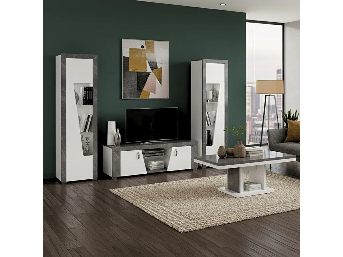 Ensemble salon complet table basse + meuble TV + 2 vitrines blanc et imitation granit gris - NEWELL