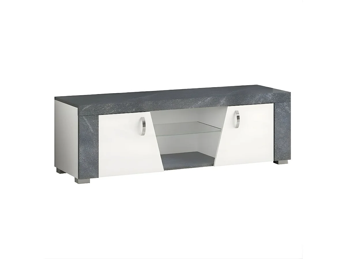 Ensemble salon complet table basse + meuble TV + 2 vitrines blanc et imitation granit gris - NEWELL