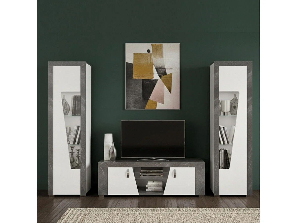 Ensemble salon complet table basse + meuble TV + 2 vitrines blanc et imitation granit gris - NEWELL