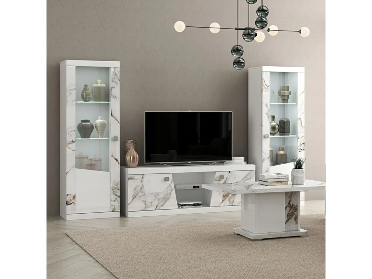 Ensemble salon complet table basse + meuble TV + 2 vitrines blanc et imitation marbre - ETOLIS