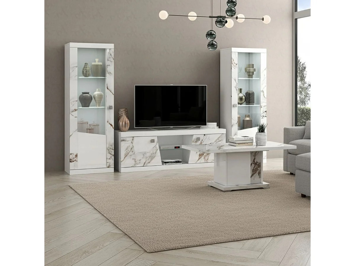 Ensemble salon complet table basse + meuble TV + 2 vitrines blanc et imitation marbre - ETOLIS