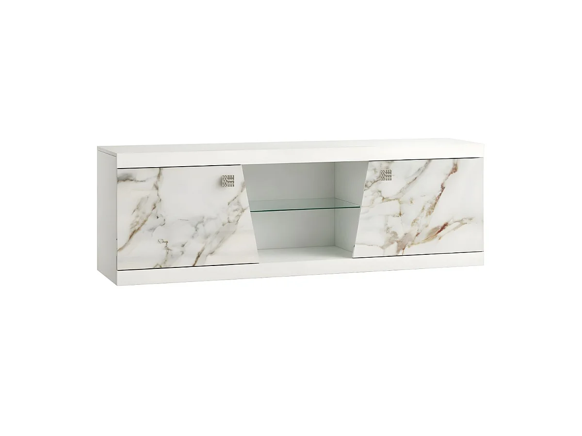 Ensemble salon complet table basse + meuble TV + 2 vitrines blanc et imitation marbre - ETOLIS