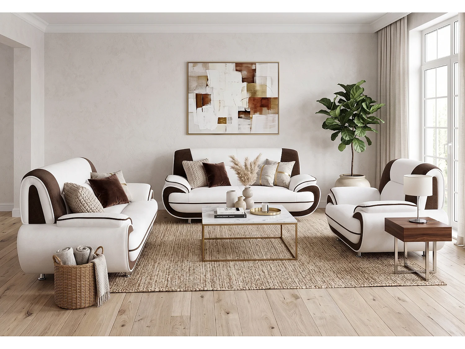 Ensemble salon PALERMO 3-2-1 en tissu KRONOS blanc-brun