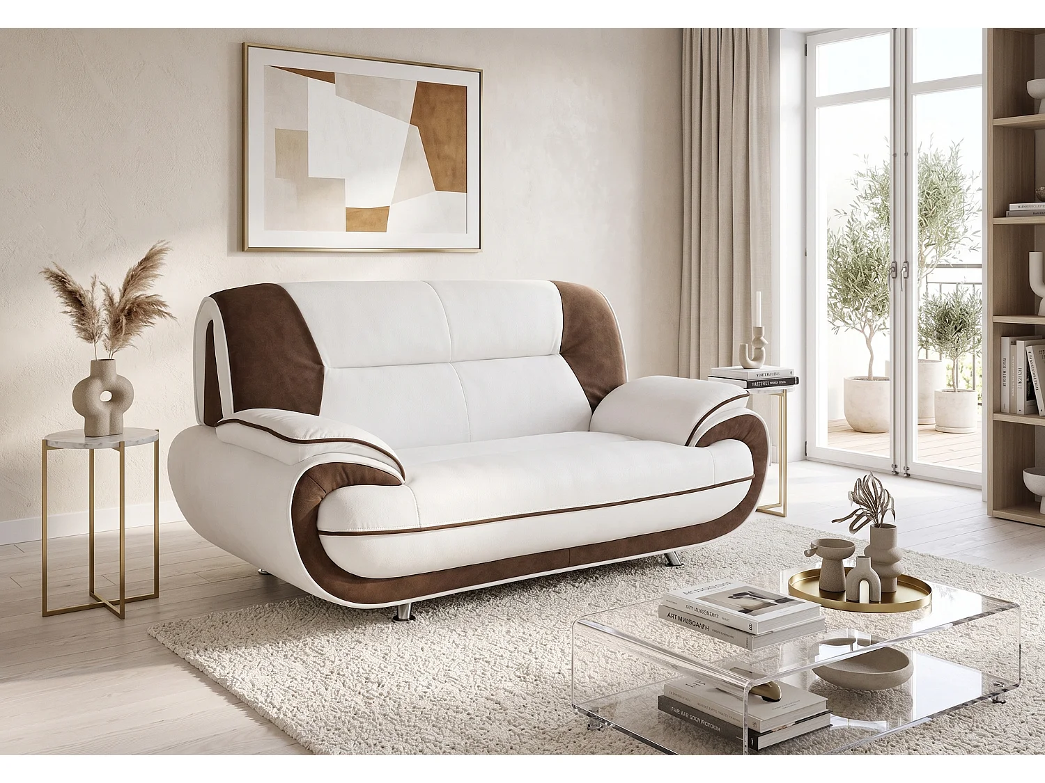 Sofa PALERMO 2-Sitzer – elegantes Sofa für das Wohnzimmer im Stoff KRONOS weiß-braun