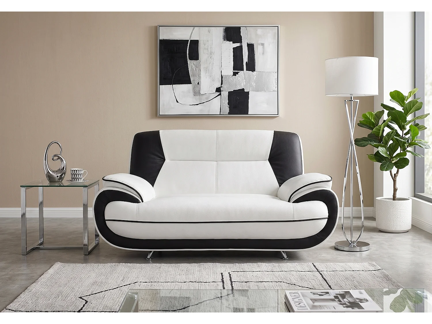 Sofa PALERMO 2-Sitzer – elegantes Sofa für das Wohnzimmer in Kunstleder SOFT weiß-schwarz