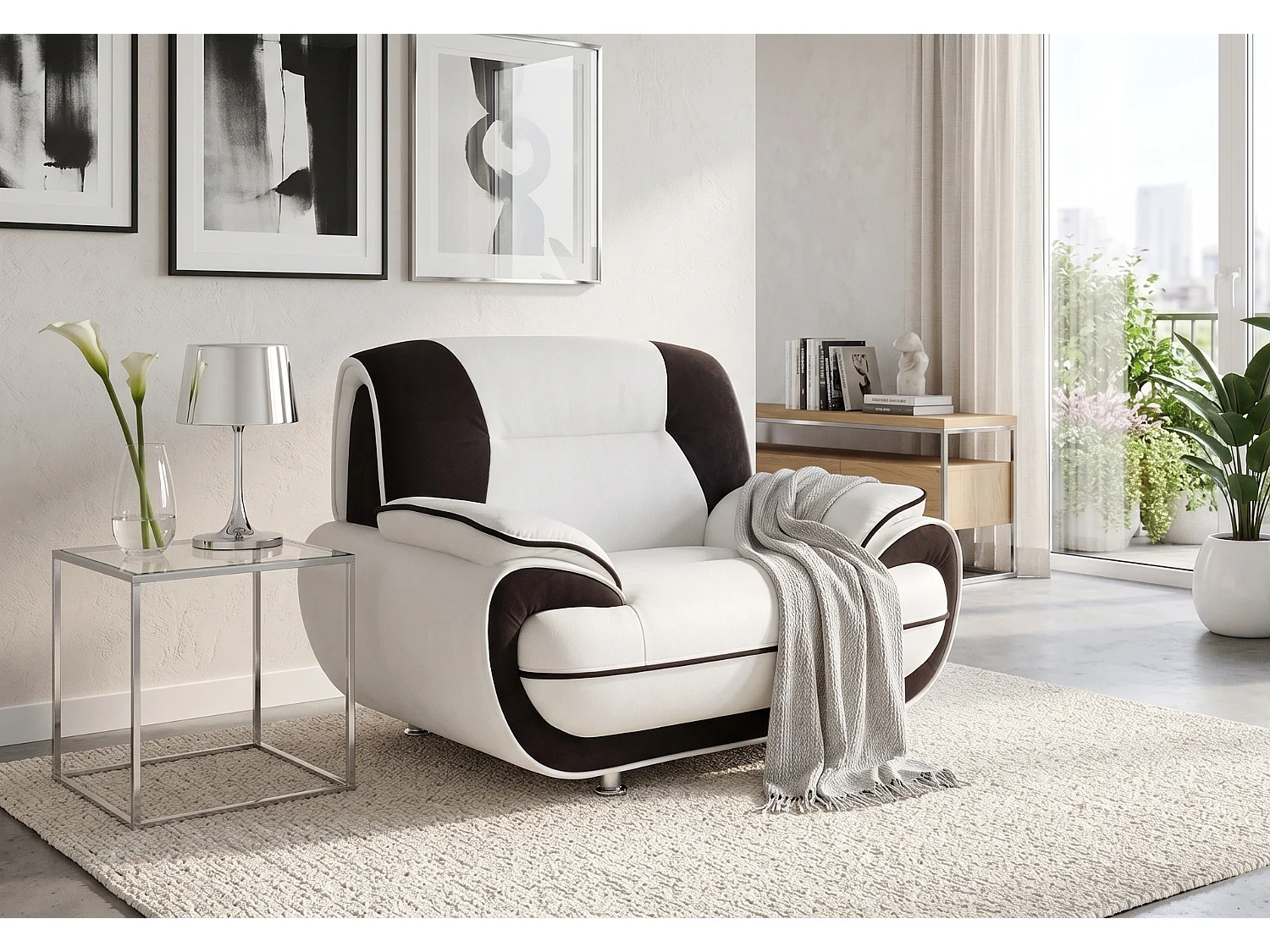 Fotel PALERMO – elegancki fotel do salonu w tkaninie KRONOS biało- czarnej