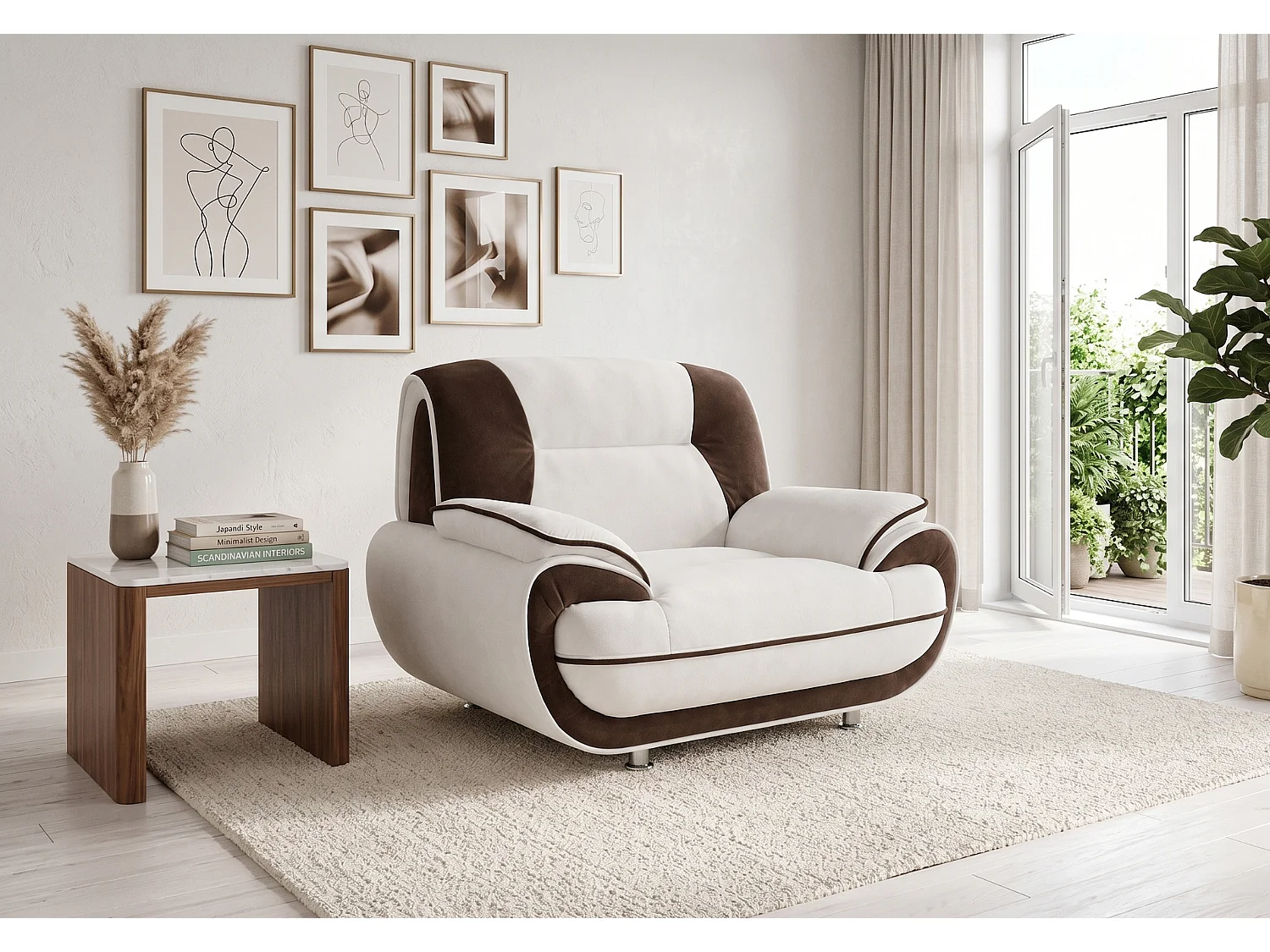Fauteuil PALERMO – fauteuil élégant pour le salon en tissu KRONOS blanc-brun